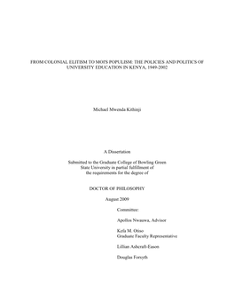 The Policies and Politics of University Education in Kenya, 1949-2002