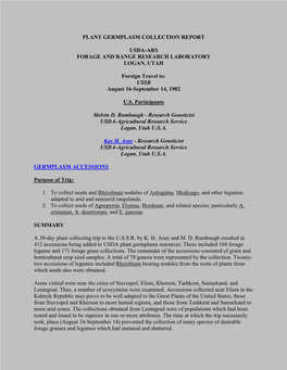 Plant Germplasm Collection Report Usda-Ars Forage