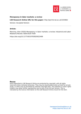 Monopsony in Labor Markets: a Review LSE Research Online URL for This Paper: Version: Accepted Version