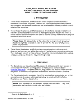 Rules, Regulations, and Policies for the Cemeteries and Mausoleums in the Cluster of East Saint James