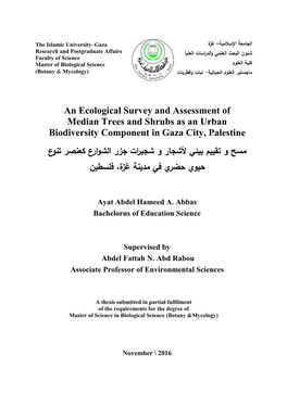 An Ecological Survey and Assessment of Median Trees and Shrubs As an Urban Biodiversity Component in Gaza City, Palestine