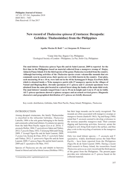 New Record of Thalassina Spinosa (Crustacea: Decapoda: Gebiidea: Thalassinidae) from the Philippines