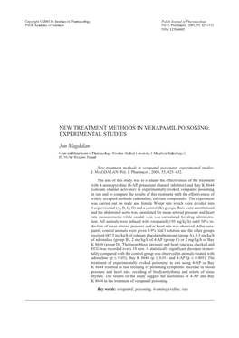 New Treatment Methods in Verapamil Poisoning: Experimental Studies
