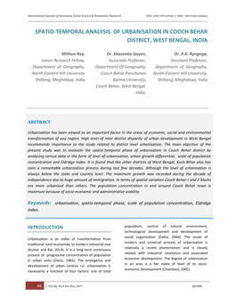 Spatio-Temporal Analysis of Urbanisation in Cooch Behar District, West Bengal, India