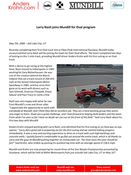 Larry Nash Joins Mundill for Oval Program