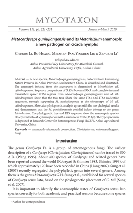 &lt;I&gt;Metacordyceps Guniujiangensis&lt;/I&gt; and Its &lt;I&gt;Metarhizium&lt;/I&gt; Anamorph: a New Pathogen on Cicada Nymph