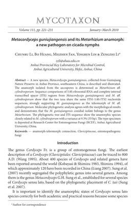 <I>Metacordyceps Guniujiangensis</I> and Its <I>Metarhizium</I> Anamorph: a New Pathogen on Cicada Nymph