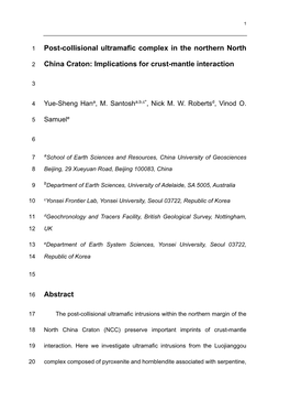 Post-Collisional Ultramafic Complex in the Northern North China Craton