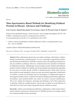 Mass Spectrometry-Based Methods for Identifying Oxidized Proteins in Disease: Advances and Challenges