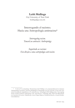 Leith Mullings Interrogando El Racismo. Hacia Una Antropología Antirracista*