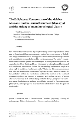 The Enlightened Conservatism of the Malabar Missions: Gaston-Laurent Cœurdoux (1691–1779) and the Making of an Anthropological Classic