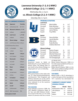 Lawrence University (1-3, 0-2 MWC) at Beloit College (2-2, 1-1 MWC) Vs