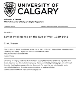 Soviet Intelligence on the Eve of War, 1939-1941
