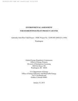 ENVIRONMENTAL ASSESSMENT for HYDROPOWER PILOT PROJECT LICENSE Admiralty Inlet Pilot Tidal Project—FERC Project No. 12690-005