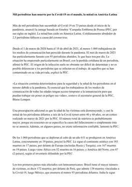 Mil Periodistas Han Muerto Por La Covid-19 En El Mundo, La Mitad En América Latina