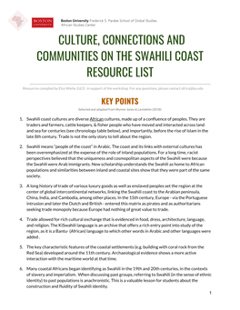 Culture, Connections and Communities on the Swahili Coast Resource List