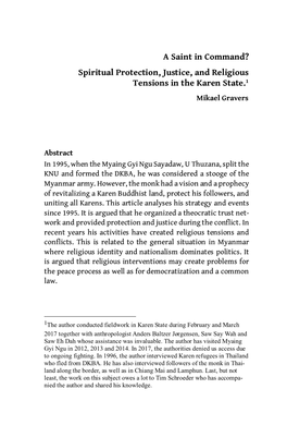 Spiritual Protection, Justice, and Religious Tensions in the Karen State.1 Mikael Gravers