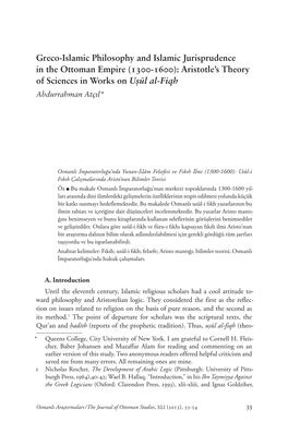 Greco-Islamic Philosophy and Islamic Jurisprudence in the Ottoman Empire (-): Aristotle’S Theory of Sciences in Works on Uŝūl Al-Fiqh Abdurrahman Atçıl*