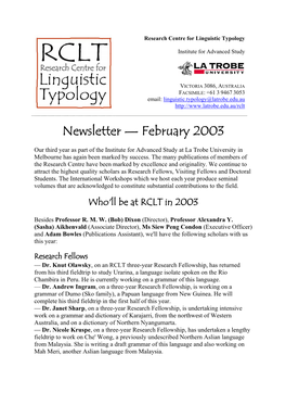 Annual Newsletter of the Research Centre for Linguistic Typology 2003