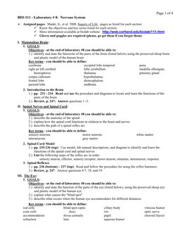 Page 1 of 4 BIO 111 - Laboratory # 8: Nervous System