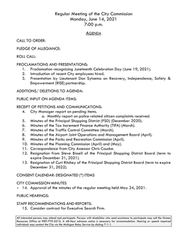 Regular Meeting of the City Commission Monday, June 14, 2021 7:00 P.M