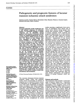 Pathogenetic and Prognostic Features of Lacunar Transient Ischaemic Attack Syndromes