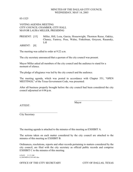 Office of the City Secretary City of Dallas, Texas Minutes of the Dallas City Council Wednesday, May 14, 2003