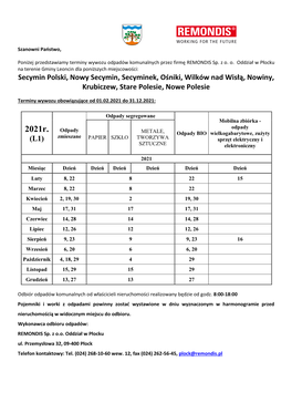 2021R. METALE, Odpady BIO Wielkogabarytowe, Zużyty Zmieszane (L1) PAPIER SZKŁO TWORZYWA Sprzęt Elektryczny I SZTUCZNE Elektroniczny