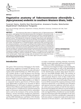 Vegetative Anatomy of Tabernaemontana Alternifolia L. (Apocynaceae) Endemic to Southern Western Ghats, India