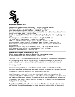 Headlines of April 17, 2015 “Ventura, White Sox Aim to Shake Off Slow Start” … Anthony Castrovince, MLB.Com “Petricka Se