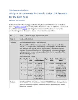 Analysis of Comments for Sinhala Script LGR Proposal for the Root Zone Revision: June 30, 2019