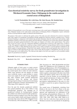 Geo-Electrical Resistivity Survey for Fresh Groundwater Investigation in Mirsharai Economic Zone, Chittagong in the South-Eastern Coastal Areas of Bangladesh