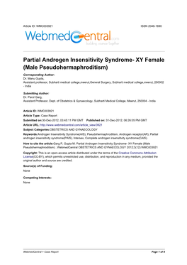 Partial Androgen Insensitivity Syndrome- XY Female (Male Pseudohermaphroditism)