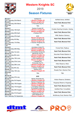 Western Knights SC 2019 Season Fixtures