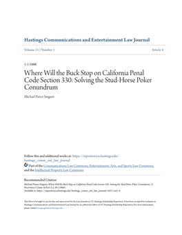 Where Will the Buck Stop on California Penal Code Section 330: Solving the Stud-Horse Poker Conundrum Michael Pierce Singsen