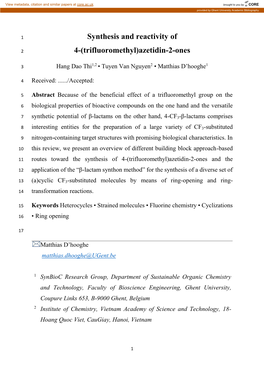 Synthesis and Reactivity of 4-(Trifluoromethyl)Azetidin-2-Ones