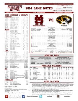 2014 GAME NOTES Email: Kniblett@Athletics.Msstate.Edu Cell: (662) 418-9139 Office:(662) 325-8040