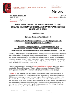 Music Director Riccardo Muti Returns to Lead Chicago Symphony Orchestra in Shakespeare-Inspired Programs in April