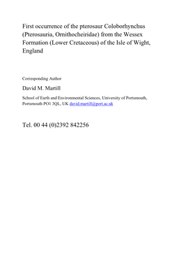 First Occurrence of the Pterosaur Coloborhynchus (Pterosauria, Ornithocheiridae) from the Wessex Formation (Lower Cretaceous) of the Isle of Wight, England