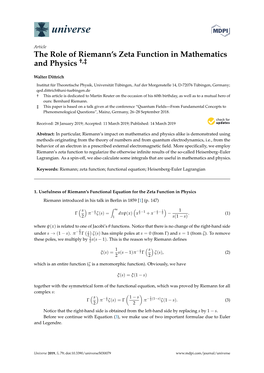 The Role of Riemann's Zeta Function in Mathematics and Physics