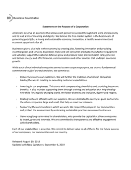 Statement on the Purpose of a Corporation Americans Deserve an Economy That Allows Each Person to Succeed Through Hard Work