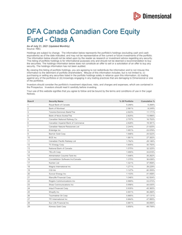 DFA Canada Canadian Core Equity Fund - Class a As of July 31, 2021 (Updated Monthly) Source: RBC Holdings Are Subject to Change