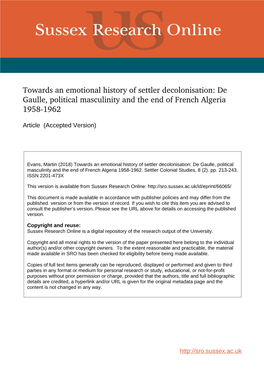 Towards an Emotional History of Settler Decolonisation: De Gaulle, Political Masculinity and the End of French Algeria 1958­1962