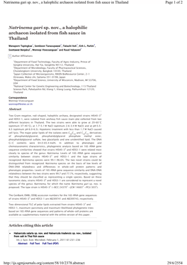 Natrinema Gari Sp. Nov., a Halophilic Archaeon Isolated from Fish Sauce in Thailand Page 1 of 2