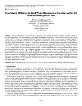 An Analysis of Domestic Solid Waste Management Practices Within the Ethekwini Metropolitan Area