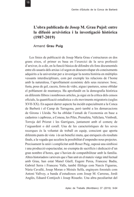 L'obra Publicada De Josep M. Grau Pujol: Entre La Difusió Arxivística I La