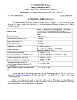 GOVERNMENT of KERALA IRRIGATION DEPARTMENT Irrigation Central Circle, Chembukkavu, Thrissur – 20 E-Government Procurement
