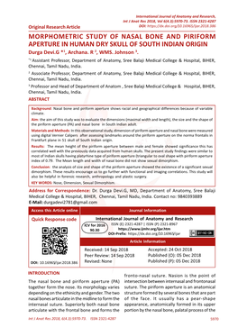 MORPHOMETRIC STUDY of NASAL BONE and PIRIFORM APERTURE in HUMAN DRY SKULL of SOUTH INDIAN ORIGIN Durga Devi.G *1, Archana