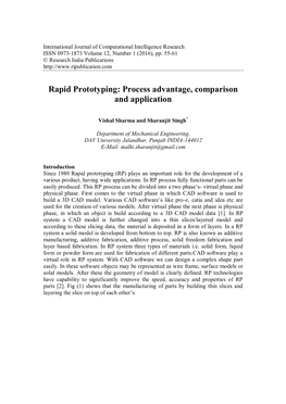 Rapid Prototyping: Process Advantage, Comparison and Application