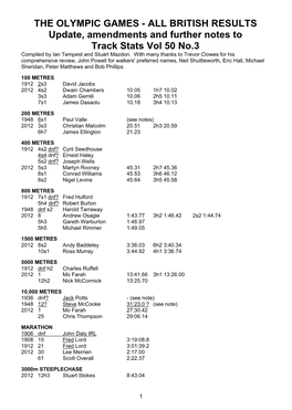 THE OLYMPIC GAMES - ALL BRITISH RESULTS Update, Amendments and Further Notes to Track Stats Vol 50 No.3 Compiled by Ian Tempest and Stuart Mazdon